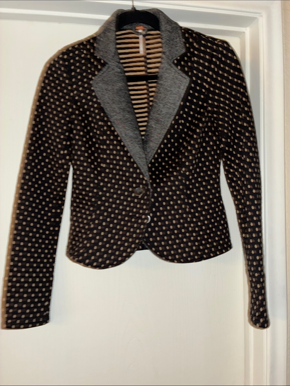 Free People Black Blazer with Tan Polka Dot Pattern and Gray Notch Lapel XS